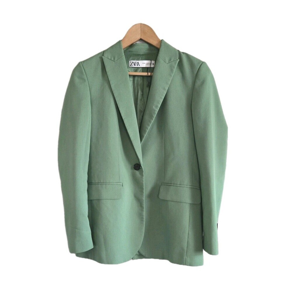 Zara Green Straight Cut Blazer Size XS One Button Satin Lined Career